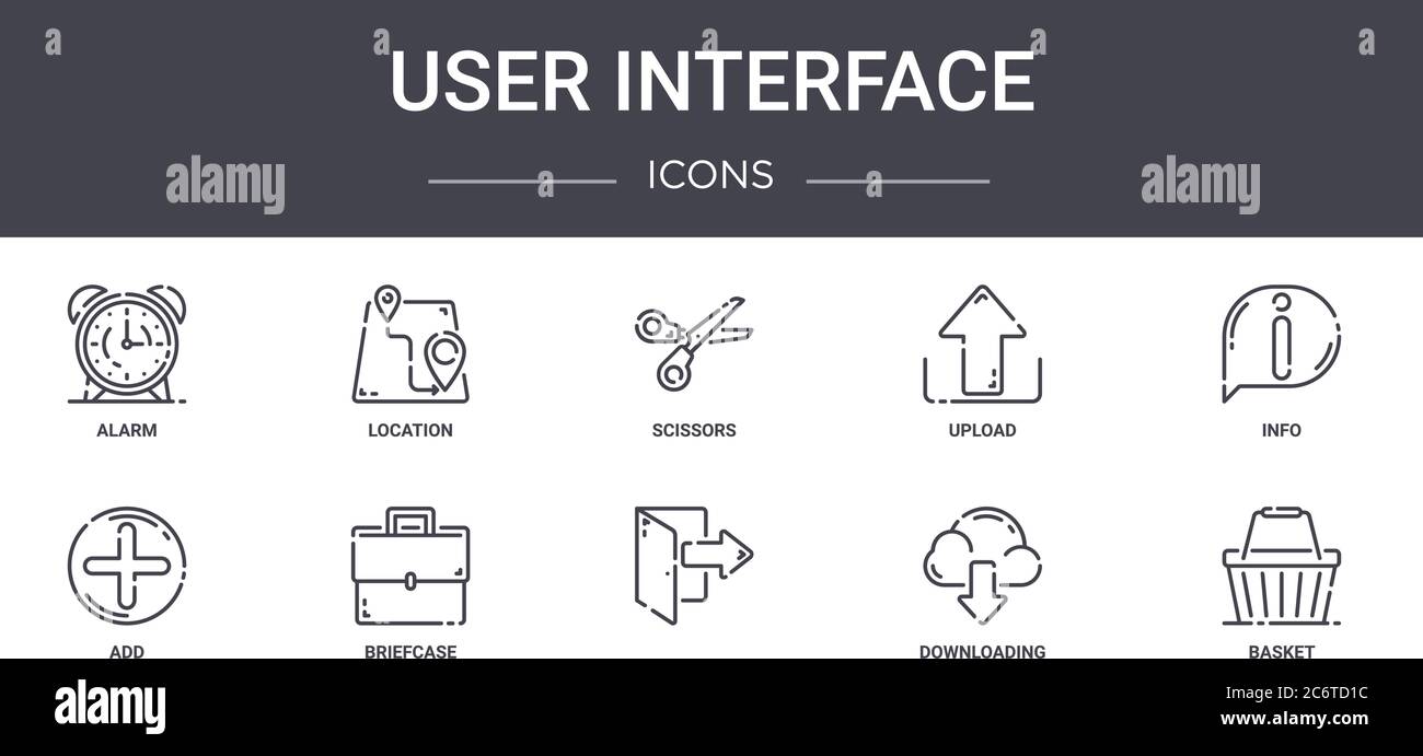 set di icone della linea di concetto dell'interfaccia utente. contiene icone utilizzabili per il web, il logo, l'interfaccia utente/utente, quali posizione, caricamento, aggiunta, download, carrello, informazioni, forbici Illustrazione Vettoriale