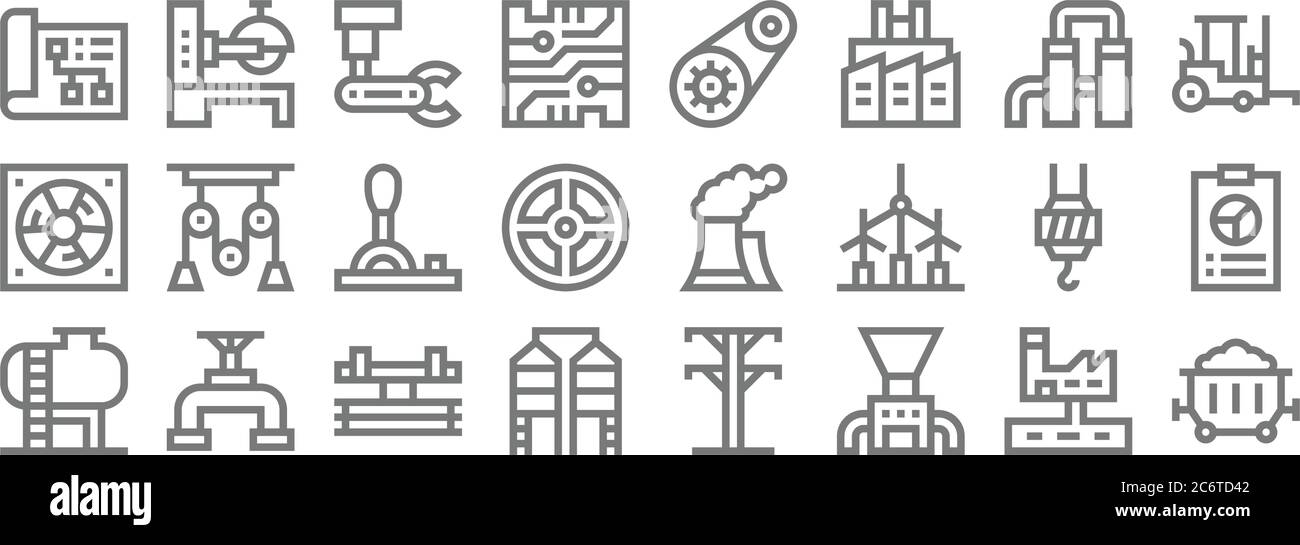 icone di linee di processo industriali. set lineare. set di linee vettoriali di qualità come carbone, frantumatore, silo, serbatoio, gancio, leva, carrello elevatore, ingranaggi, macchina per sega Illustrazione Vettoriale