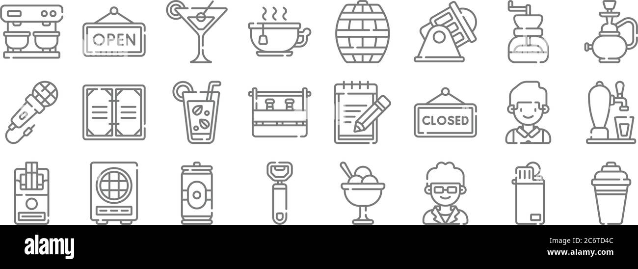 icone della linea della barra. set lineare. set di linee vettoriali di qualità come shaker per cocktail, portiere, apribottiglie, sigaretta, cameriere, mojito, hookah, barile, aperto Illustrazione Vettoriale