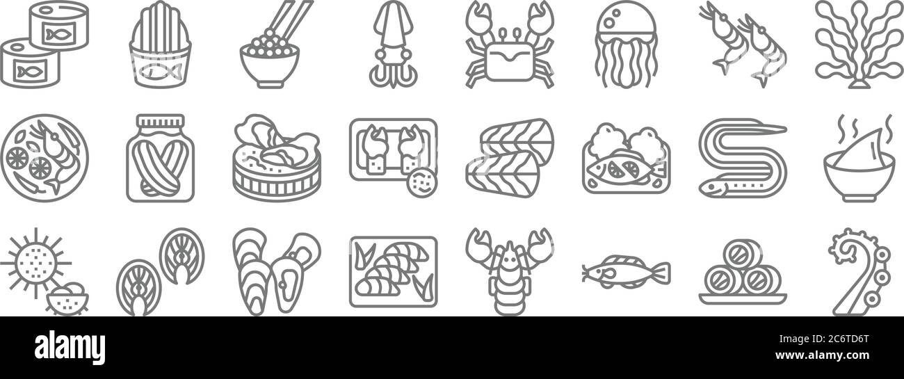 icone di linea di pesce. set lineare. set di linee vettoriali di qualità come tentacoli, pesce gatto, sashimi, ricci di mare, pescatore, ostriche, alghe, granchio, pesce fritto Illustrazione Vettoriale