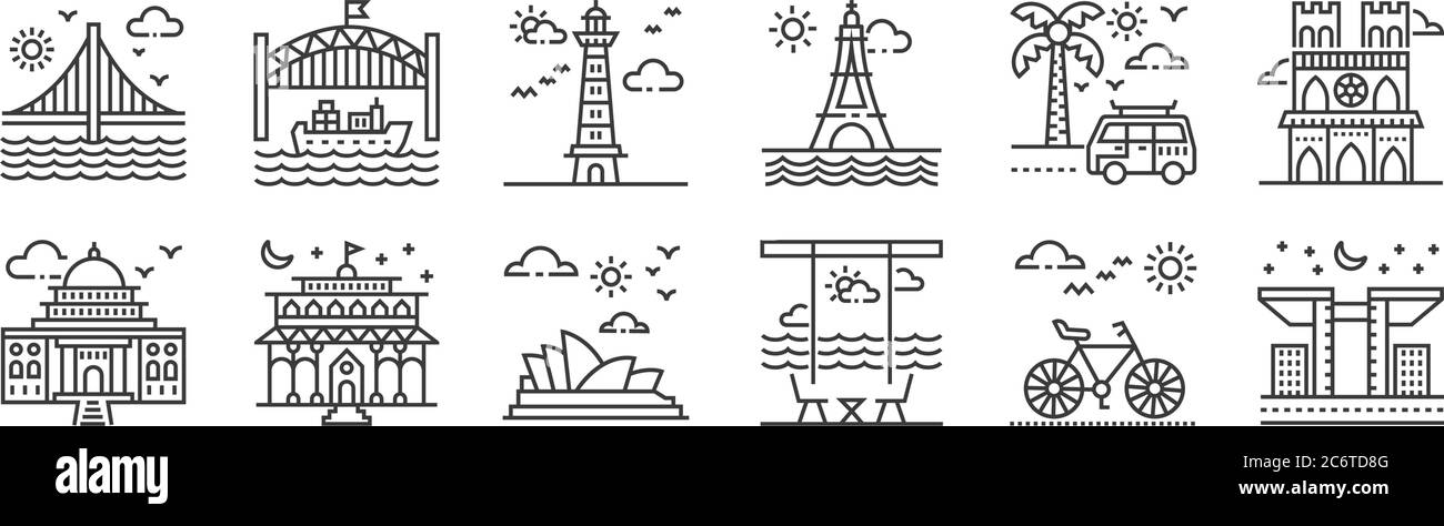 12 insieme di icone turistiche lineari. icone con contorni sottili come edifici, vacanze estive, vienna, viaggi su strada, faro, nave da crociera per il web, cellulare Illustrazione Vettoriale