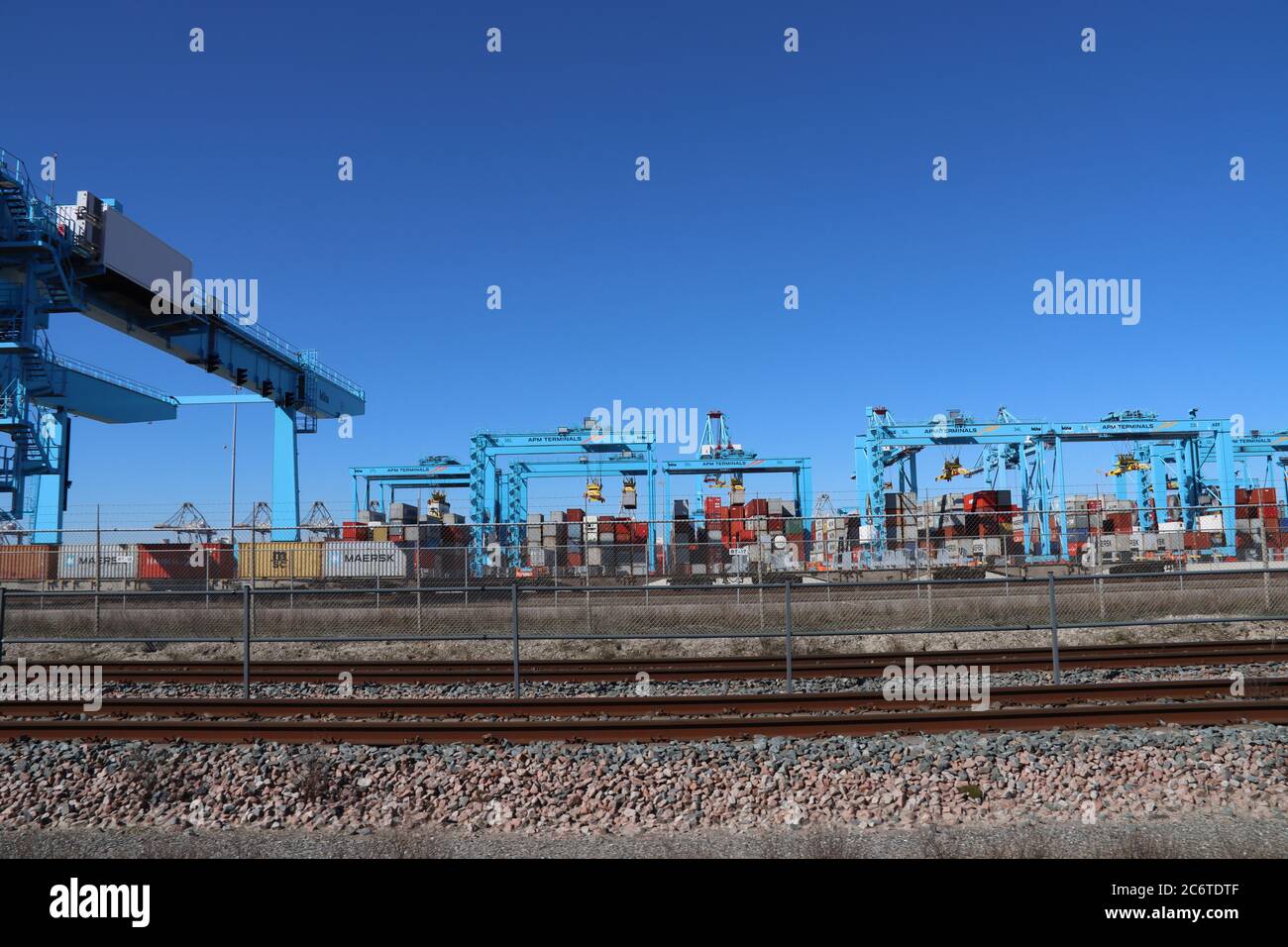 Gru blu presso il terminal dei container APM nel porto di Maasvlakte nel porto di Rotterdam Foto Stock