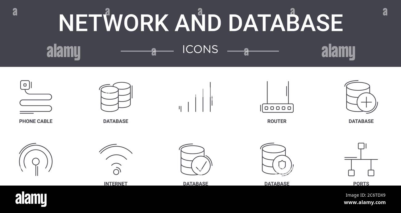set di icone della linea di concetto di rete e database. contiene icone utilizzabili per il web, il logo, l'interfaccia utente/utente come database, router, database, porte, Illustrazione Vettoriale