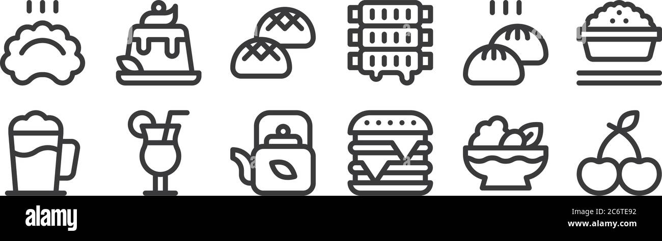 12 insieme di icone gastronomiche lineari. icone a contorni sottili come ciliegia, hamburger, cocktail, baozi, panini, budino per il web, cellulare Illustrazione Vettoriale