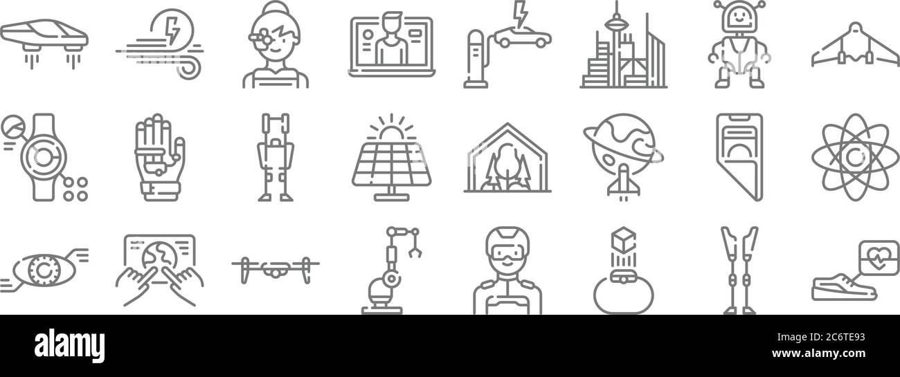 tecnologia delle icone di linea del futuro. set lineare. set di linee vettoriali di qualità come scarpe intelligenti, smartwatch, gru, occhio bionico, telefono pieghevole, esoskelet Illustrazione Vettoriale