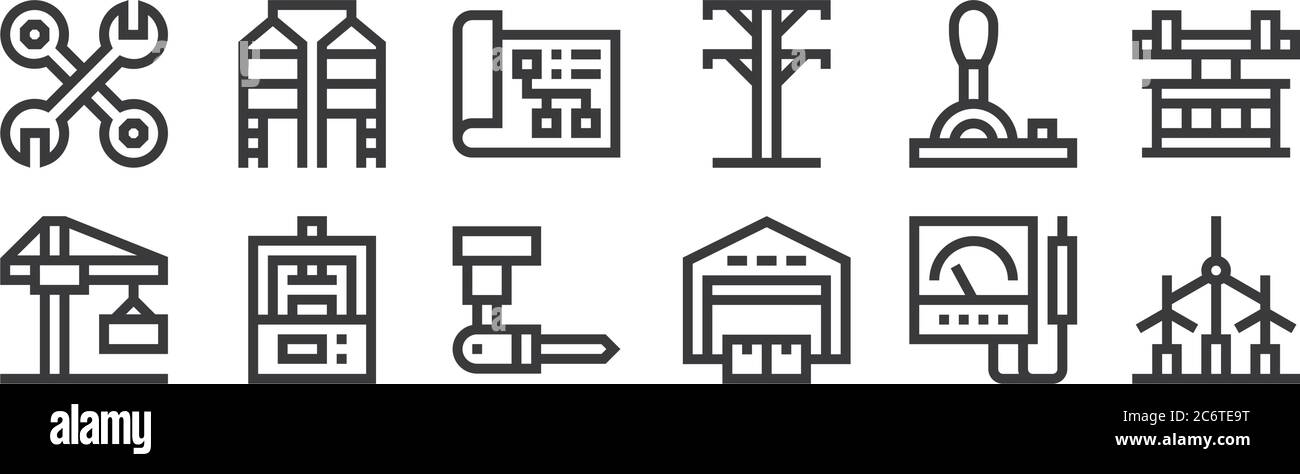 12 insieme di icone lineari di processo industriale. icone a contorno sottile come turbina eolica, magazzino, macchina da stampa, leva, piano, silo per web, mobile Illustrazione Vettoriale