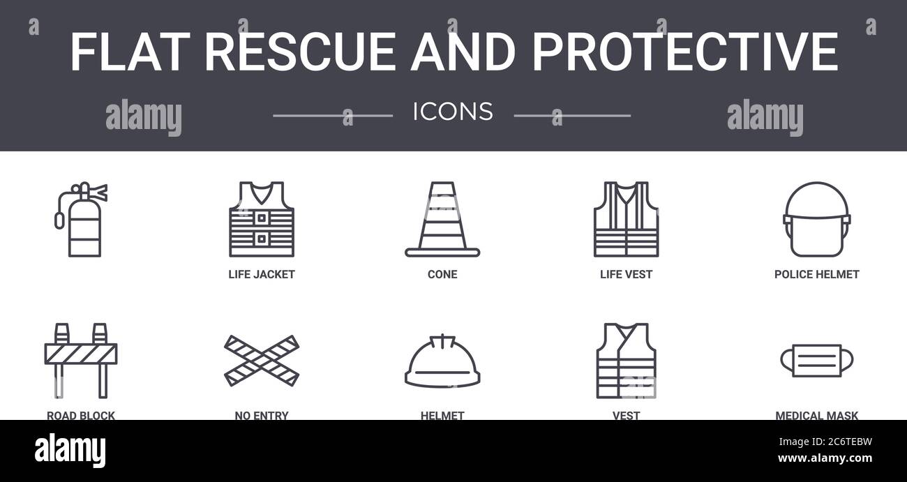 set di icone per linea concettuale salvagente e protettivo. contiene icone utilizzabili per web, logo, ui/ux come giubbotto salvagente, giubbotto, blocco stradale, casco, giubbotto Illustrazione Vettoriale