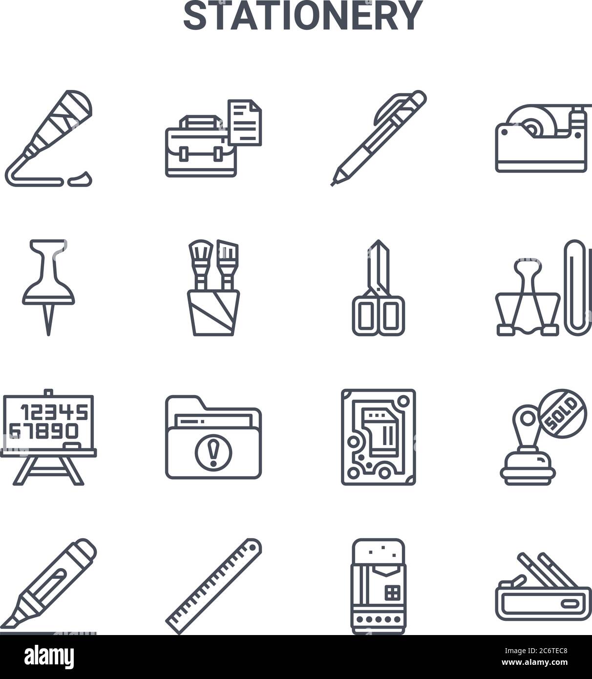 set di 16 icone di linee vettoriali di concetto di cancelleria. 64x64 icone di tratti sottili come valigetta, spilla, clip, disco rigido, righello, custodia a matita, gomma, sci Illustrazione Vettoriale