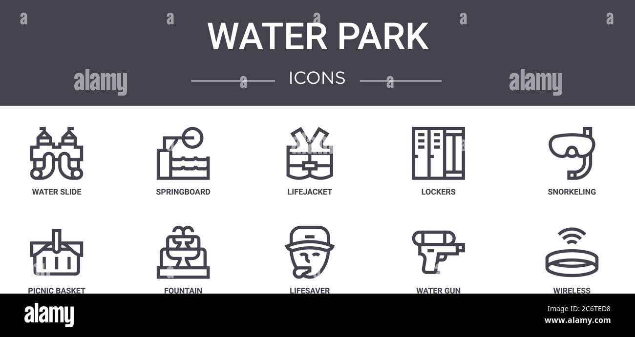set di icone della linea concettuale del parco acquatico. contiene icone utilizzabili per il web, il logo, l'interfaccia utente/ux come trampolino, armadietti, cestino da picnic, salvavalvole, pistola ad acqua, wirel Illustrazione Vettoriale