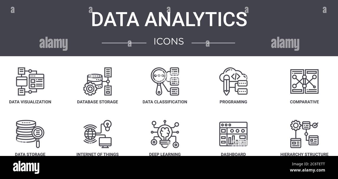 set di icone della linea di concetto di analisi dei dati. contiene icone utilizzabili per il web, il logo, l'interfaccia utente/utente, come lo storage di database, la programmazione, l'archiviazione dei dati, l'apprendimento approfondito, d Illustrazione Vettoriale