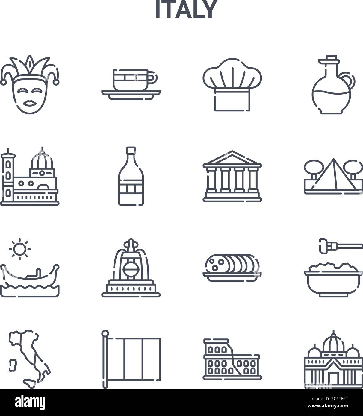 set di 16 icone di linee vettoriali italia concept. 64x64 icone di tratti sottili come cappuccino, firenze, , ciabatta, italia, basilico, colosseo, roma, oliva oi Illustrazione Vettoriale