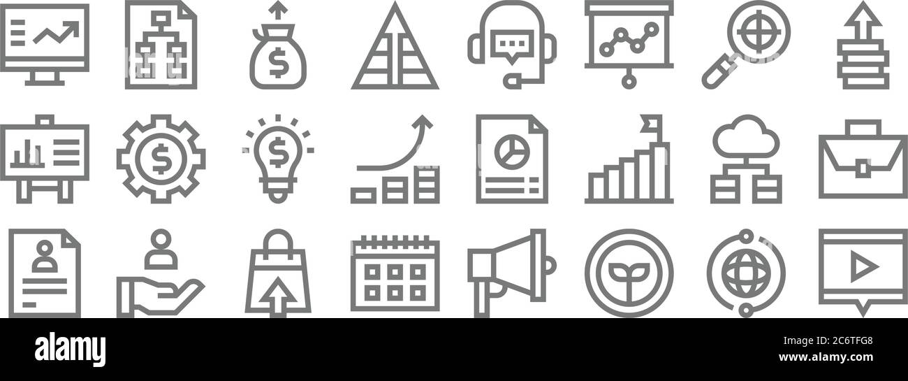 marketing e crescita icone di linea. set lineare. qualità vettore set di linee come video marketing, crescita, calendario, cv, server, idea, migliorare, supporto, p Illustrazione Vettoriale