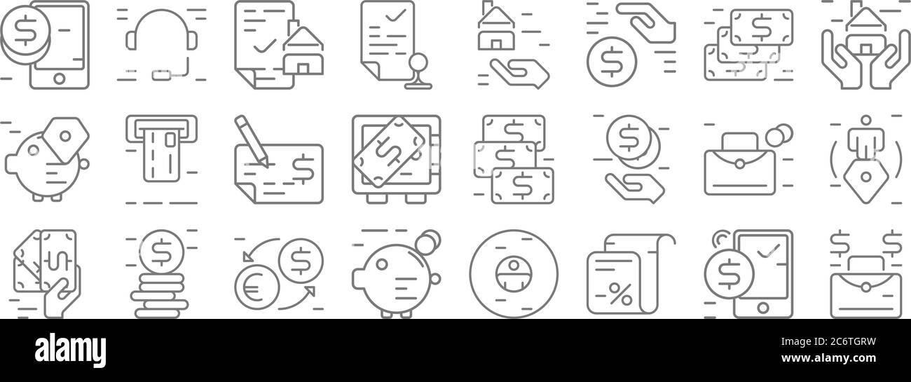 business e finanza line icons. set lineare. qualità vettore linea set come borsa di denaro, tasse, banca piggy, pagare, borsa, assegno bancario, assicurazione casa, prestito, Illustrazione Vettoriale