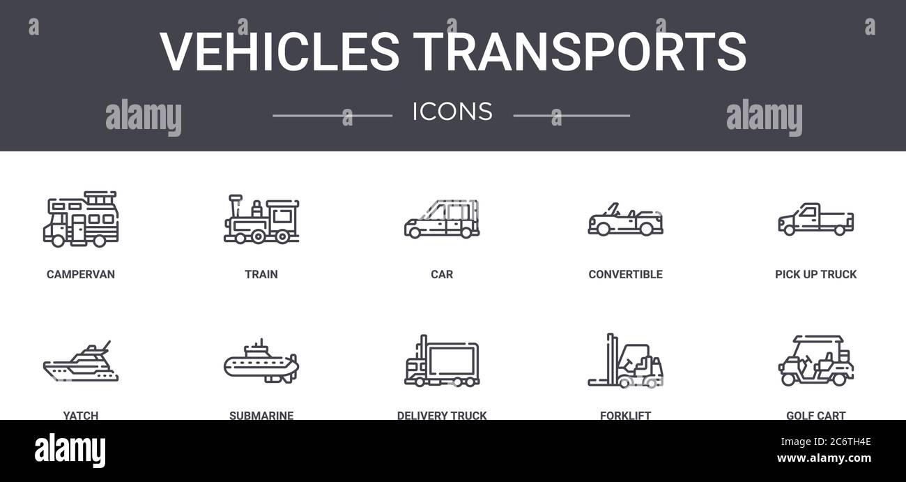 veicoli trasporti set di icone della linea concettuale. contiene icone utilizzabili per il web, il logo, l'interfaccia utente/ux come treno, convertibile, yatch, carrello per consegne, carrello elevatore a forche, go Illustrazione Vettoriale