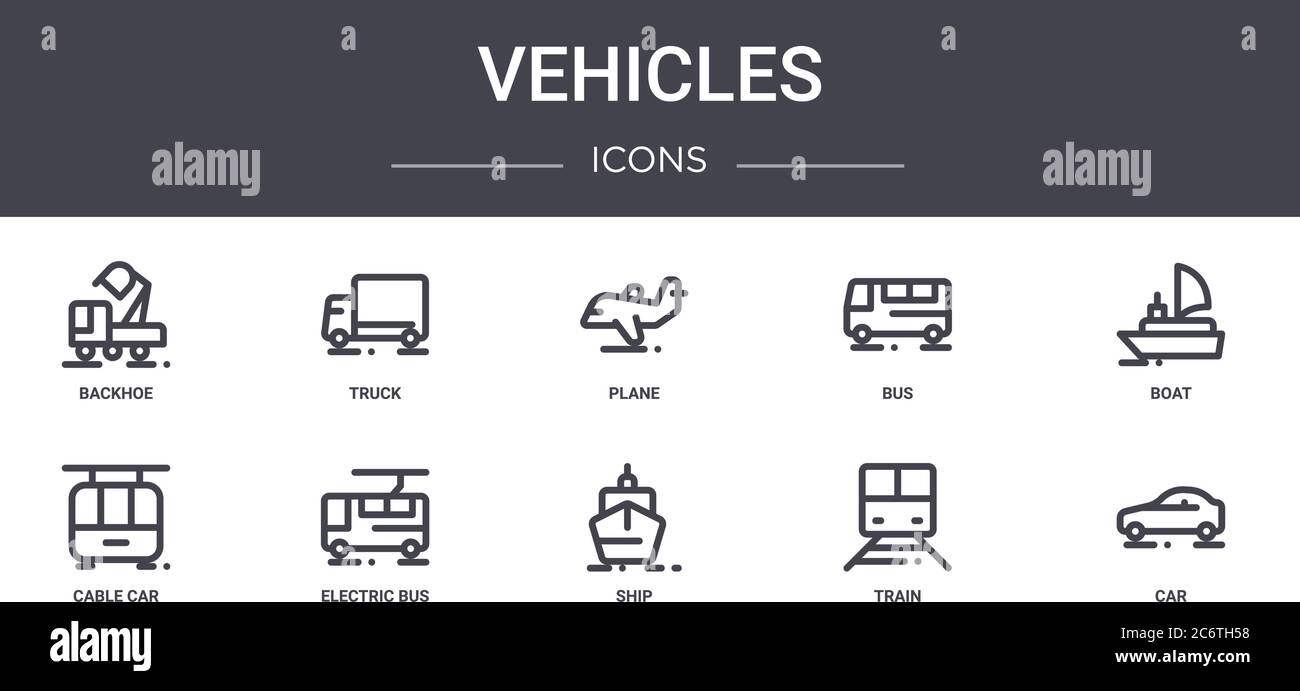 set di icone della linea concettuale dei veicoli. contiene icone utilizzabili per il web, il logo, l'interfaccia utente/utente, quali camion, autobus, funivia, nave, treno, auto, barca, aereo Illustrazione Vettoriale