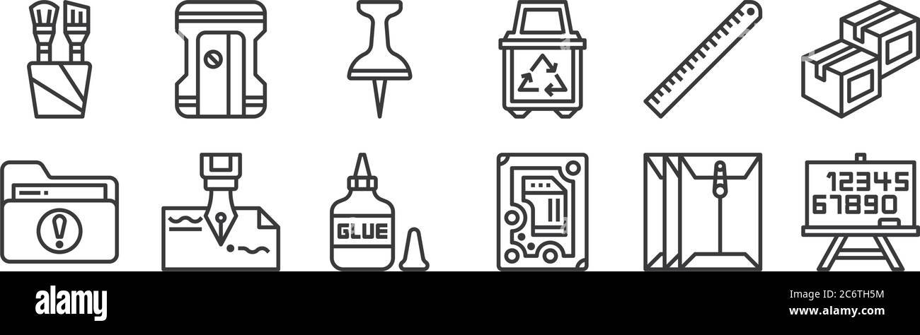 12 set di icone di cancelleria lineare. icone di contorno sottili come lavagna bianca, disco rigido, penna stilografica, righello, spilla, affilatrice per il web, mobile Illustrazione Vettoriale