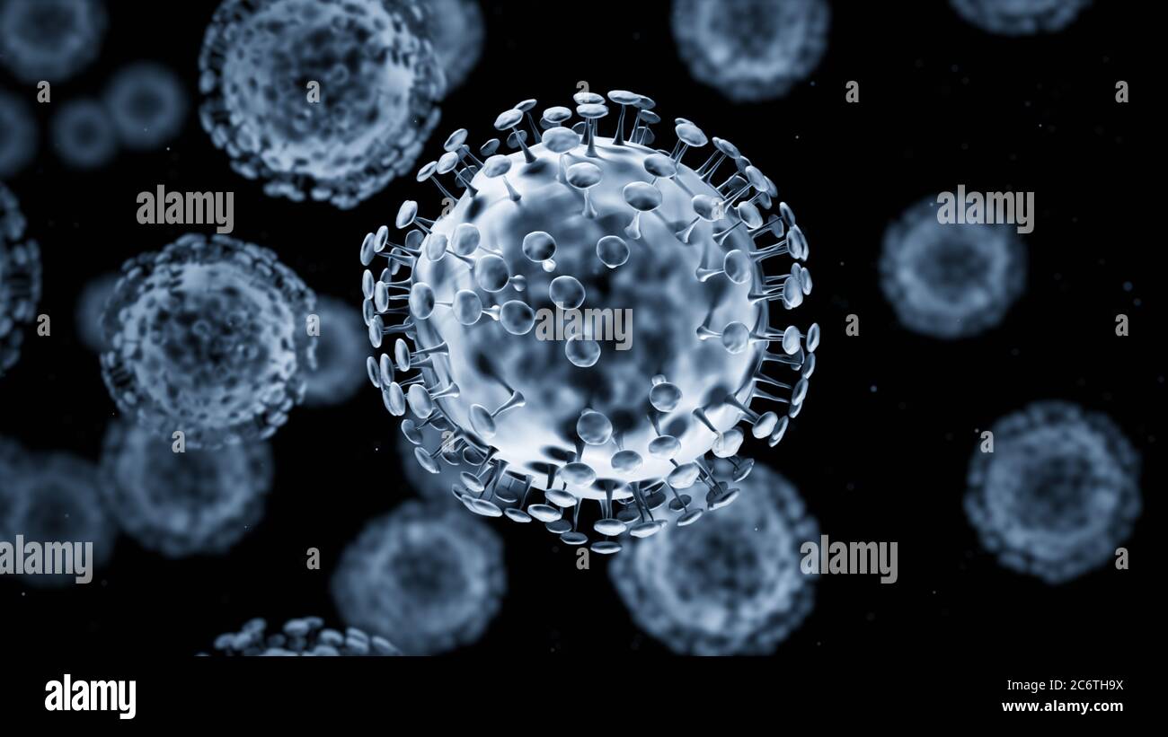 Coronavirus Covid-19 focolaio, microscopici virus primo piano. Rendering 3D Foto Stock
