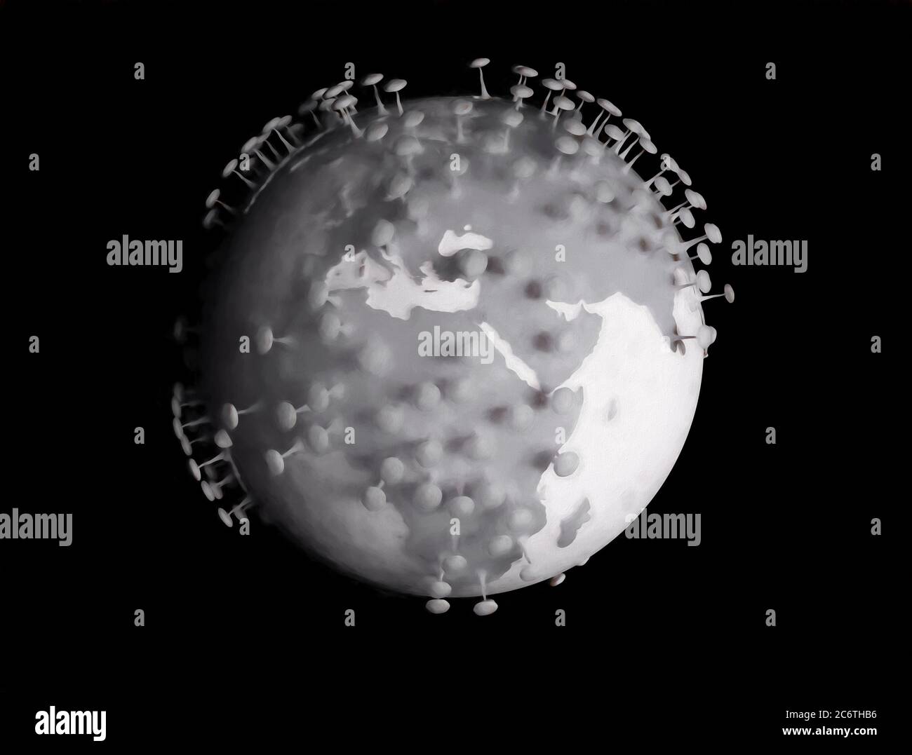 Pianeta terra trasformarsi in cellula virale isolato su sfondo bianco. Illustrazione 3d per virus corona o pandemia COVID-19 Foto Stock