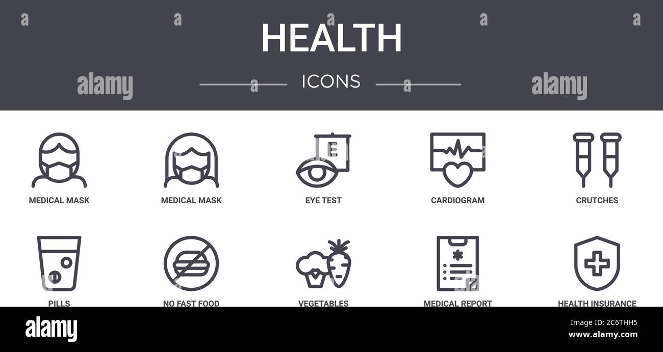 set di icone della linea di concetto di salute. contiene icone utilizzabili per il web, logo, ui/ux come maschera medica, cardiogramma, pillole, verdure, report medico, salute Illustrazione Vettoriale