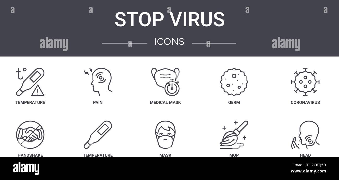 set di icone della linea di concetto di virus stop. contiene icone utilizzabili per il web, logo, ui/ux come dolore, germe, handshake, maschera, mop, testa, coronavirus, mas medico Illustrazione Vettoriale