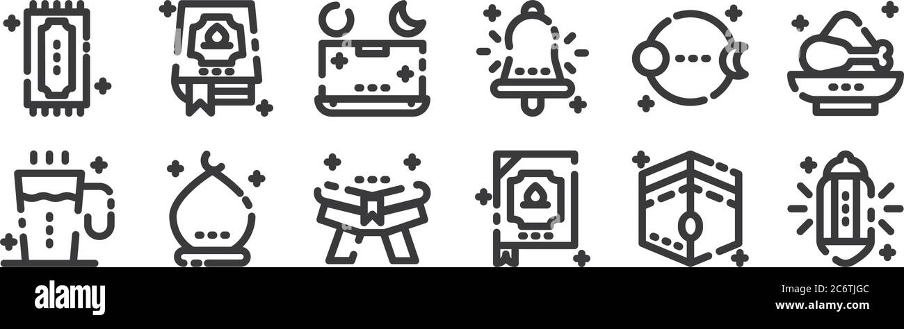 12 set di icone lineari ramadan kareem. icone con contorni sottili come luce, quran, edificio, luna, timeline, quran per il web, cellulare Illustrazione Vettoriale