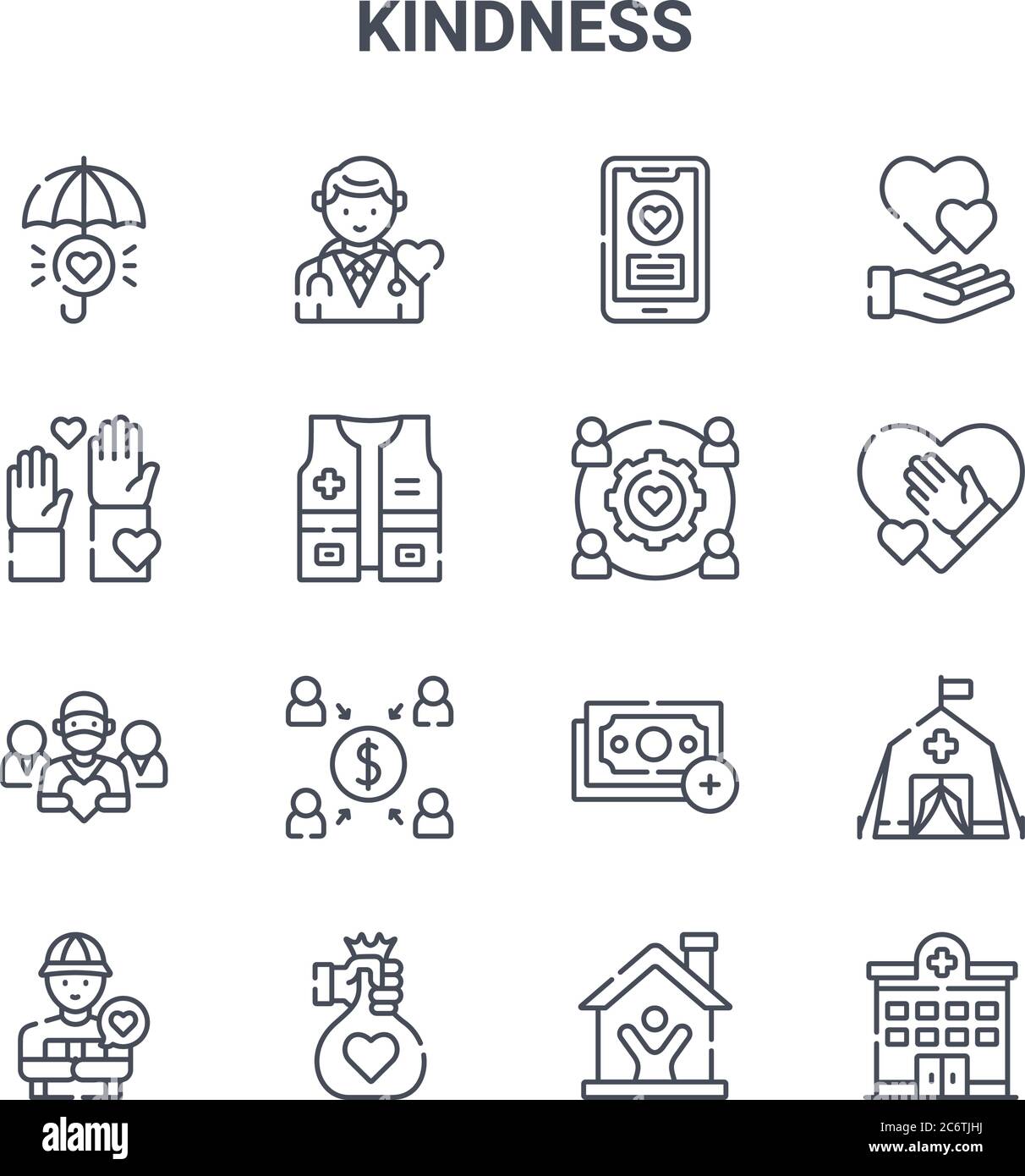set di 16 icone di linee vettoriali di concetto di gentilezza. 64x64 icone di ictus sottile come medico, volontario, dare, pagamento, donazione, ospedale, casa, lavoro, cuore Illustrazione Vettoriale
