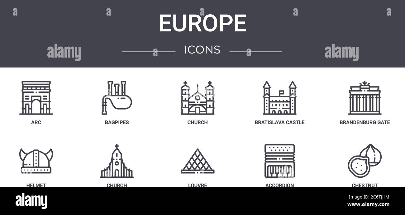 set di icone della linea europe concept. contiene icone utilizzabili per il web, il logo, l'interfaccia utente/ux come cornamuse, castello di bratislava, casco, louvre, fisarmonica, castagno, br Illustrazione Vettoriale