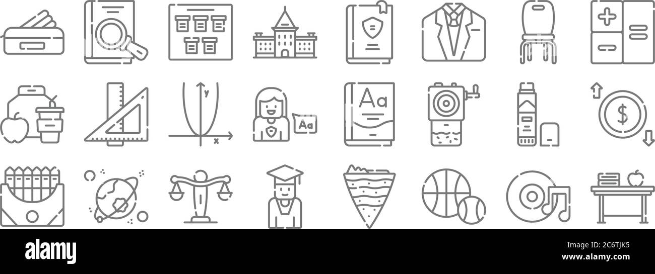 icone di linea academy. set lineare. set di linee vettoriali di qualità come scrivania, sport, studente, pastello, colla, algebra, aritmetica, libro, libro Illustrazione Vettoriale