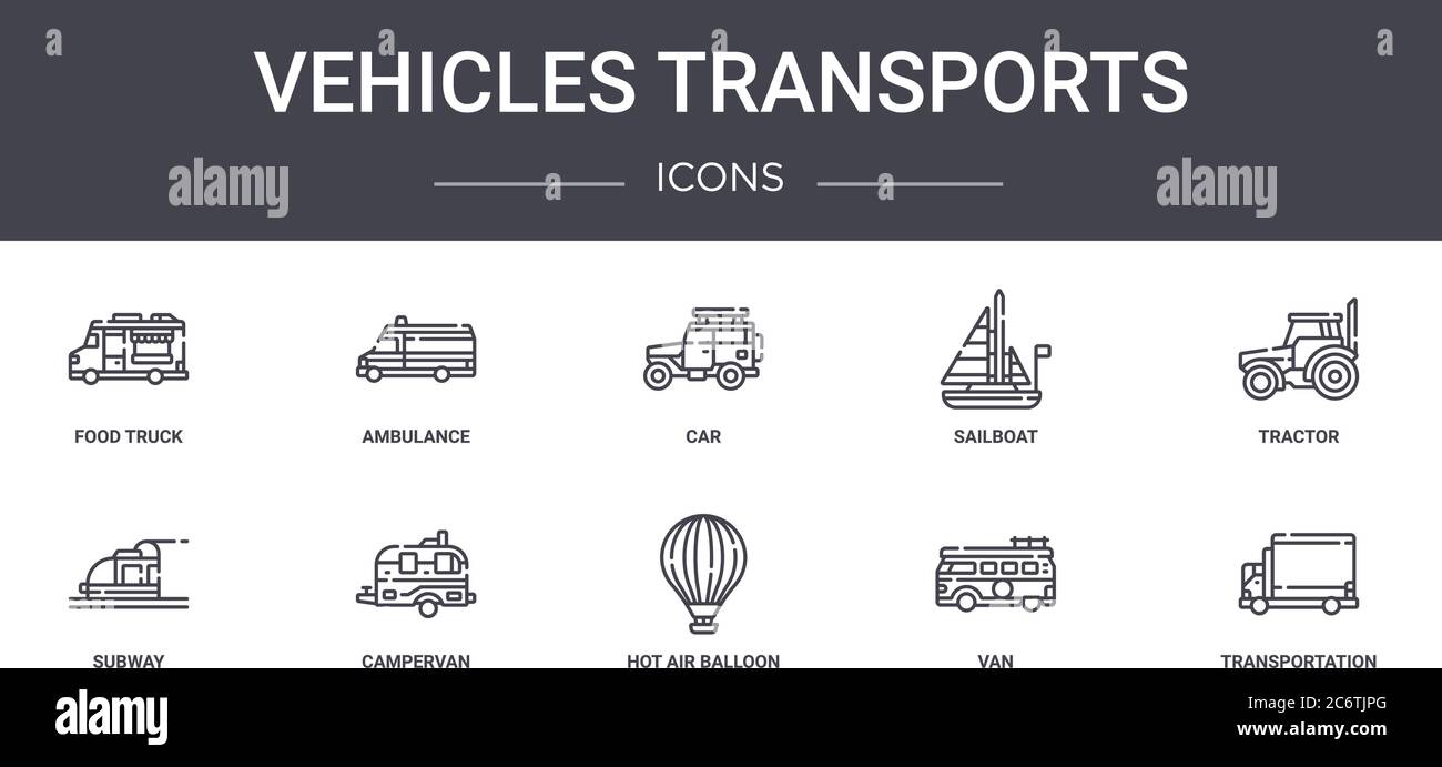 veicoli trasporta il set di icone della linea concettuale. contiene icone utilizzabili per il web, il logo, ui/ux come ambulanza, barca a vela, metropolitana, mongolfiera, furgone, tran Illustrazione Vettoriale