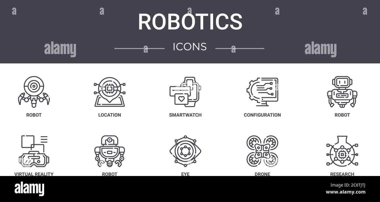 set di icone della linea di concetto robotica. contiene icone utilizzabili per il web, il logo, l'interfaccia utente/utente, quali posizione, configurazione, occhiali per realtà virtuale, occhi, droni, rese Illustrazione Vettoriale