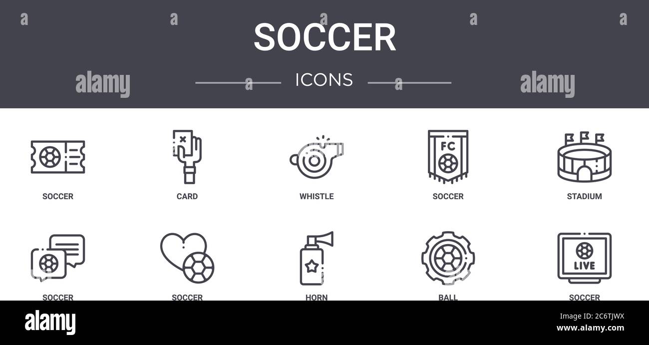 set di icone per linee di concetto di calcio. contiene icone utilizzabili per il web, il logo, l'interfaccia utente/utente, come carte, calcio, calcio, corno, palla, stadio, fischio Illustrazione Vettoriale