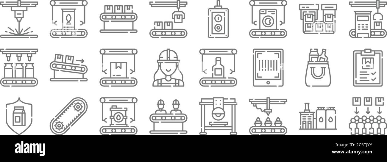 icone di linea di produzione di massa. set lineare. set di linee vettoriali di qualità come consumer, cupcakes, ingegneri, qualità, prodotto, box, macchinari, controsomatori Illustrazione Vettoriale