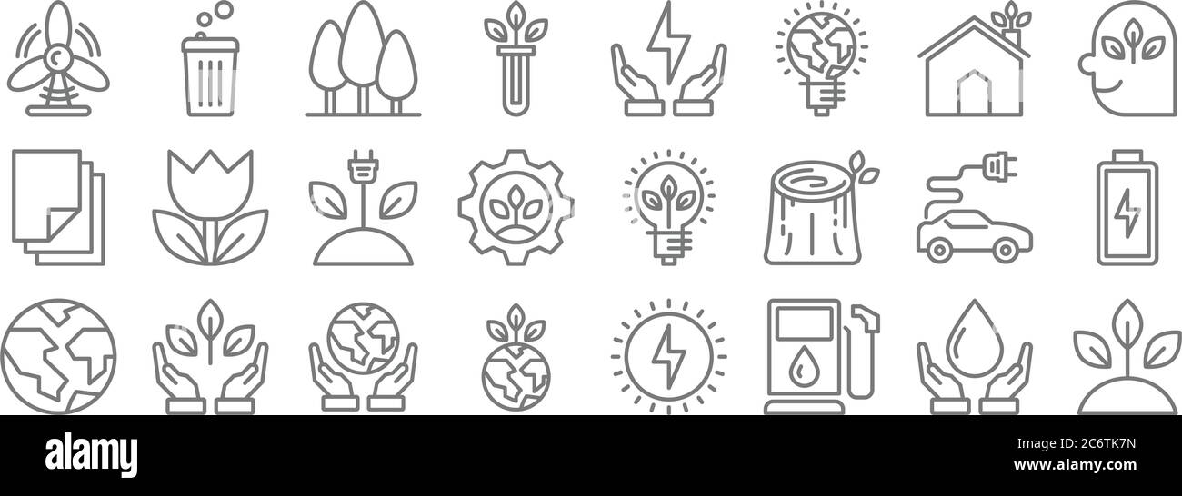 icone di linea di ecologia. set lineare. insieme di linea vettoriale di qualità come germoglio, biocarburante, terra, terra, auto elettrica, energia, pensare, ecologia, bin Illustrazione Vettoriale