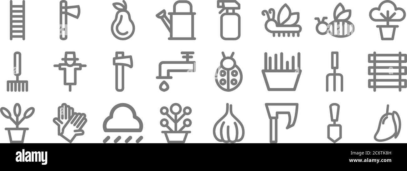 landscaping equipment line icons. set lineare. set di linee vettoriali di qualità come mango, ascia, pentola di pianta, pentola di pianta, rastrello, ascia, pentola di pianta, bottiglia di spruzzo, ascia Illustrazione Vettoriale