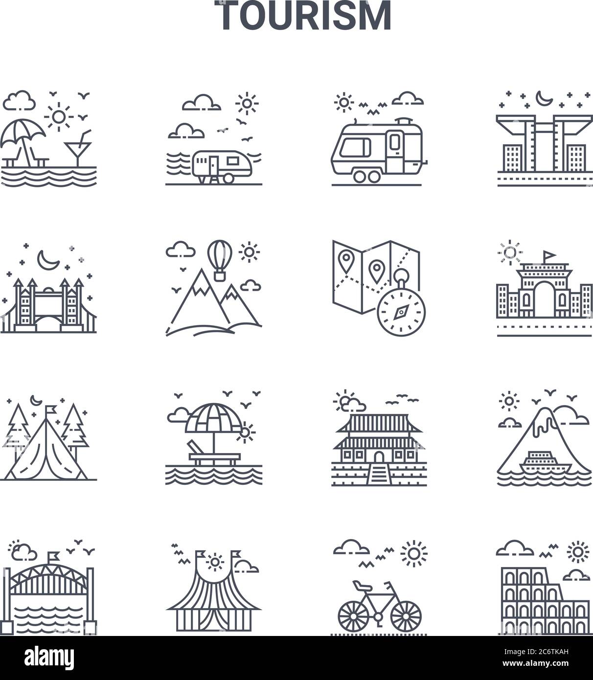 set di 16 icone di linee vettoriali per il concetto di turismo. 64x64 icone di tratti sottili come camper, ponte di londra, stazione, tempio cinese, tenda circense, colosseo Illustrazione Vettoriale