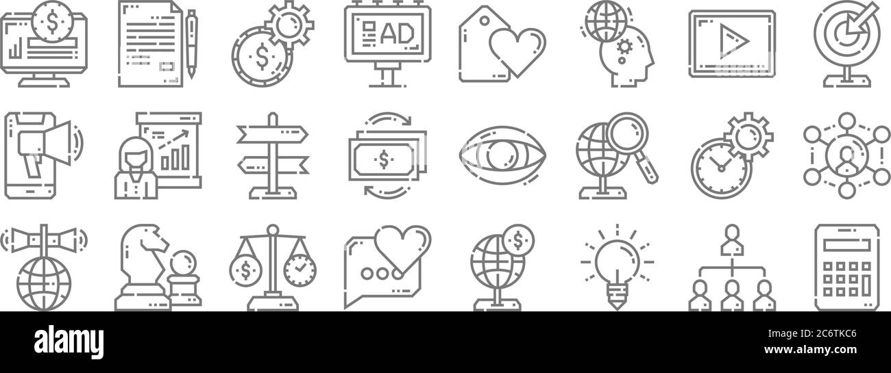 icone di linea di marketing. set lineare. set di linee vettoriali di qualità come budget, creatività, feedback, annuncio, gestione del tempo, direzionale, target, migliore p Illustrazione Vettoriale