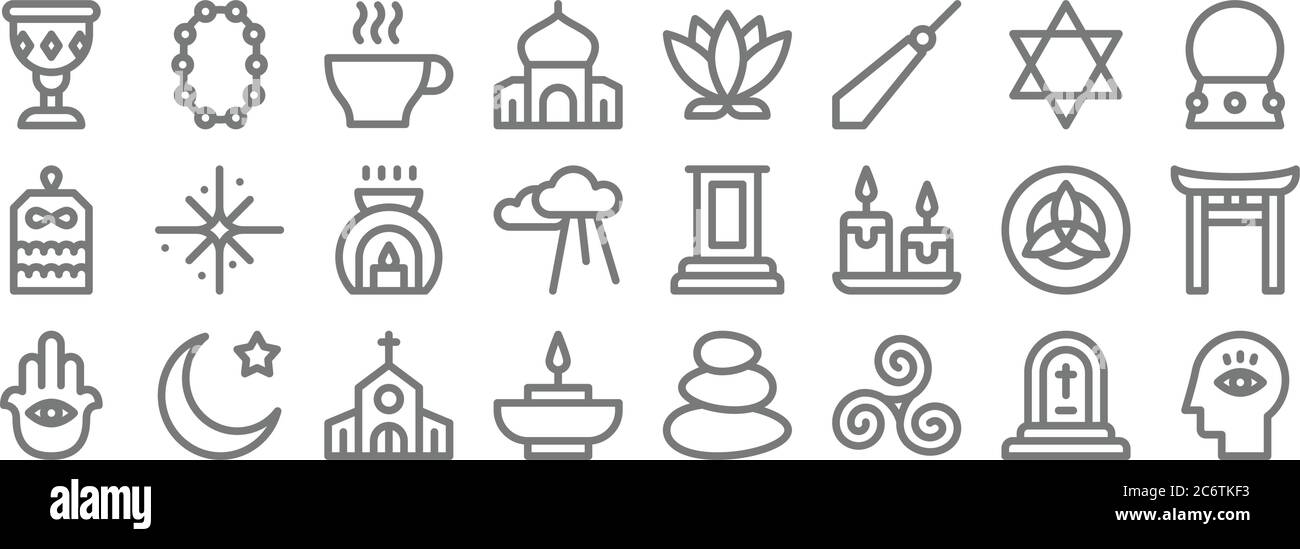 icone di linea spiritose. set lineare. set di linee vettoriali di qualità come meditazione, trisquel, candela aromatica, hamsa, trinità santa, aromaterapia, crystal ba Illustrazione Vettoriale