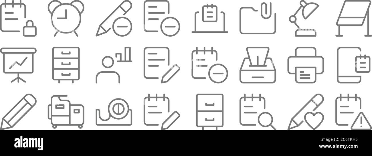 icone della linea di fornitura dell'ufficio. set lineare. set di linee vettoriali di qualità come errore, ricerca, forniture per ufficio, controller digitale, stampante, amministratore, whitebo Illustrazione Vettoriale