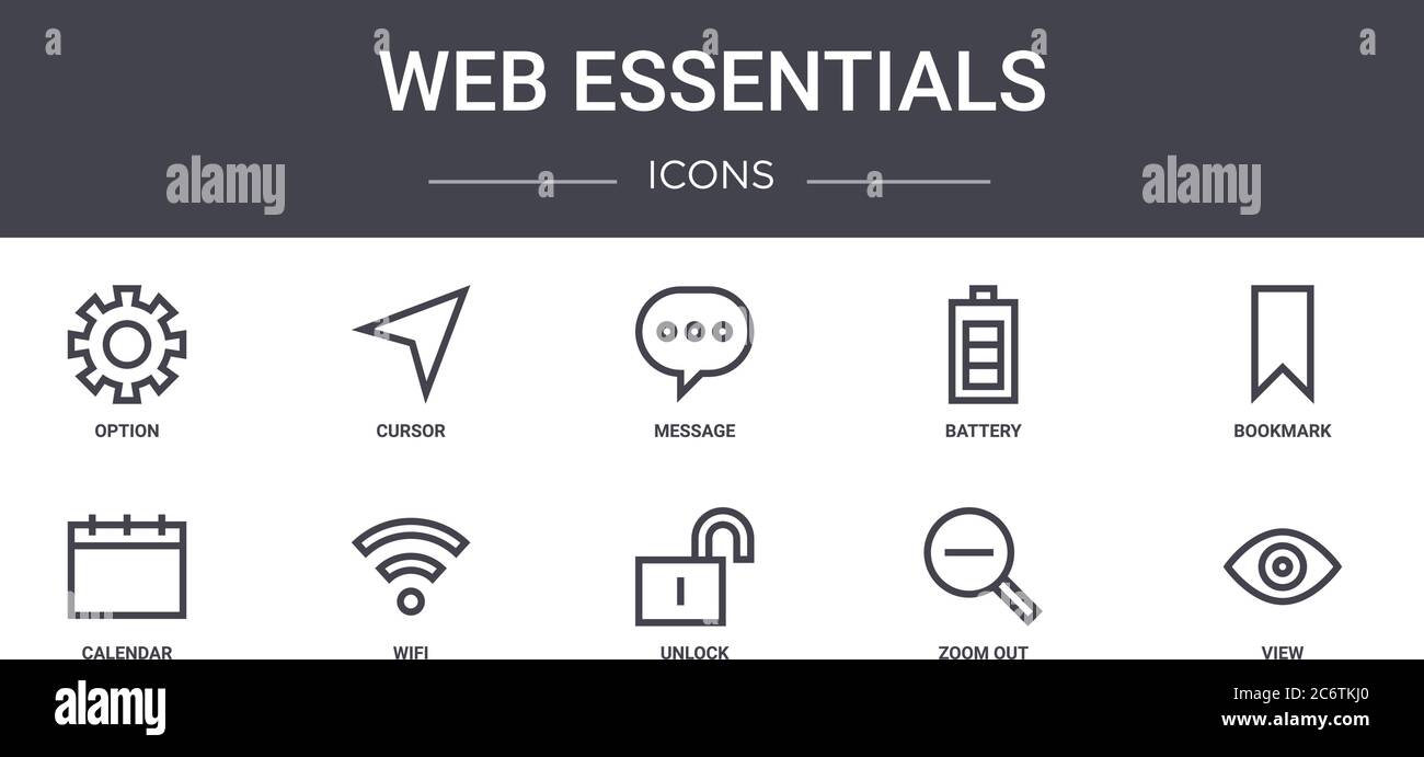 set di icone della linea concettuale di web essentials. contiene icone utilizzabili per il web, il logo, l'interfaccia utente/utente come cursore, batteria, calendario, sblocco, zoom indietro, vista, segnalibro, Illustrazione Vettoriale