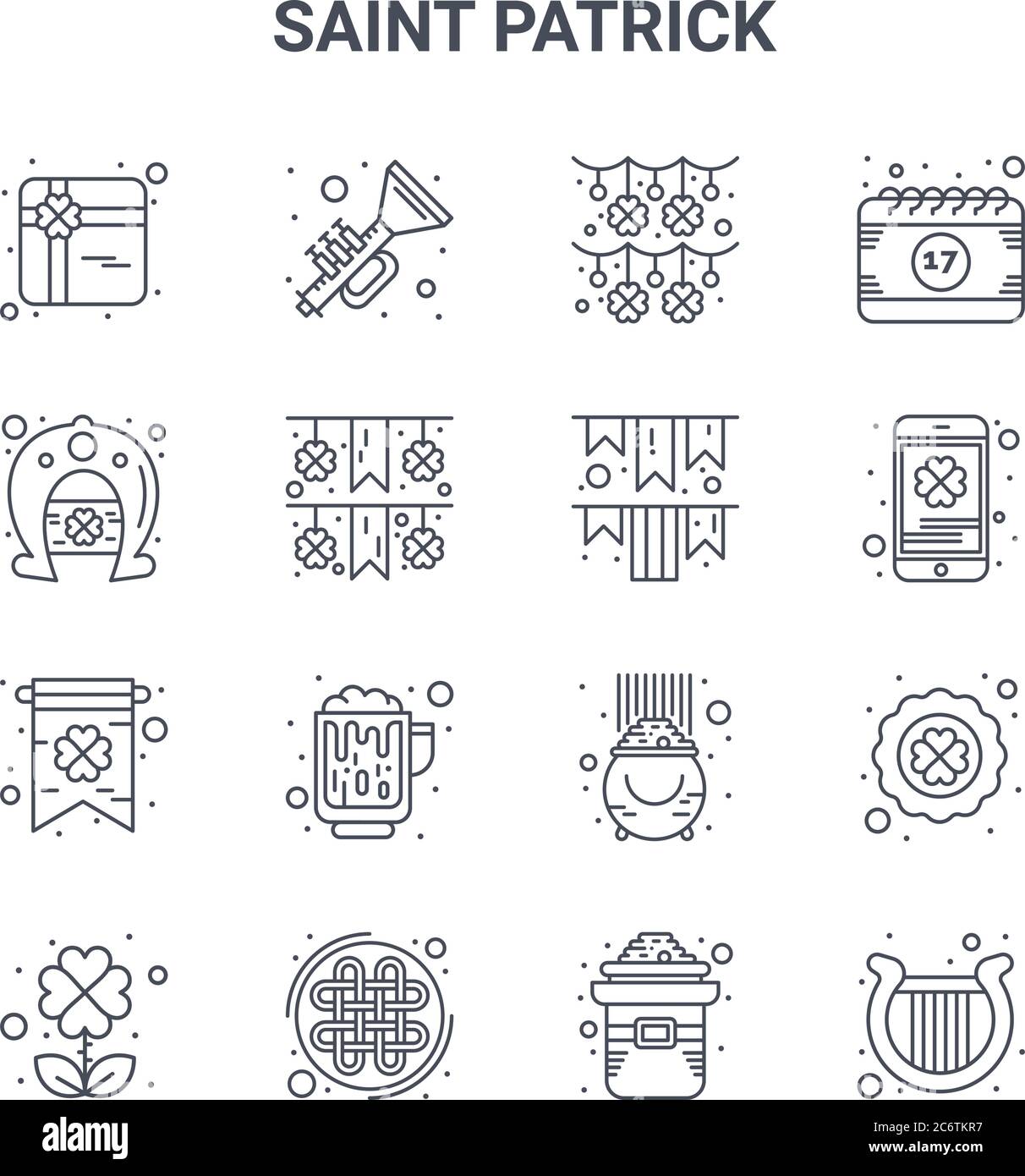 set di 16 icone di linee vettoriali di saint patrick concept. 64x64 icone di tratti sottili come corno, ferro di cavallo, mobile, gold pot, celtico, arpa, cappello, bandiere, calend Illustrazione Vettoriale