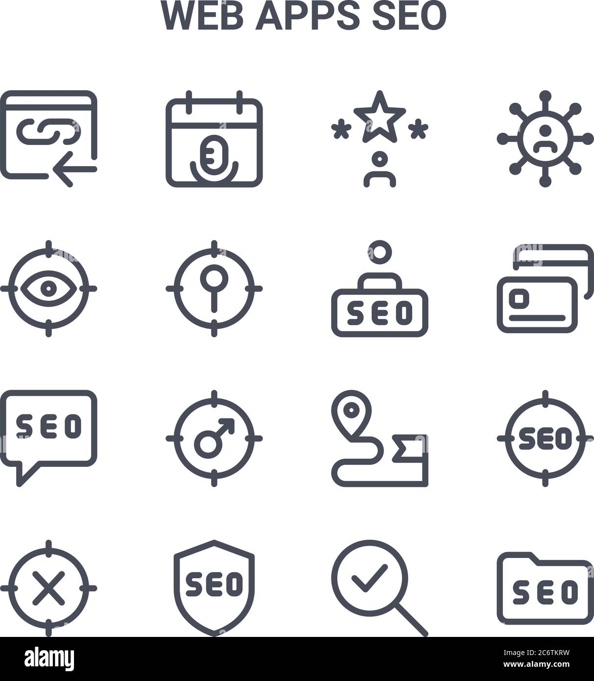 set di 16 app web icone di linee vettoriali seo concept. 64x64 icone di tratti sottili come evento, occhio, cit card, navigazione, sicuro, cartella, verifica, utente, utente Illustrazione Vettoriale