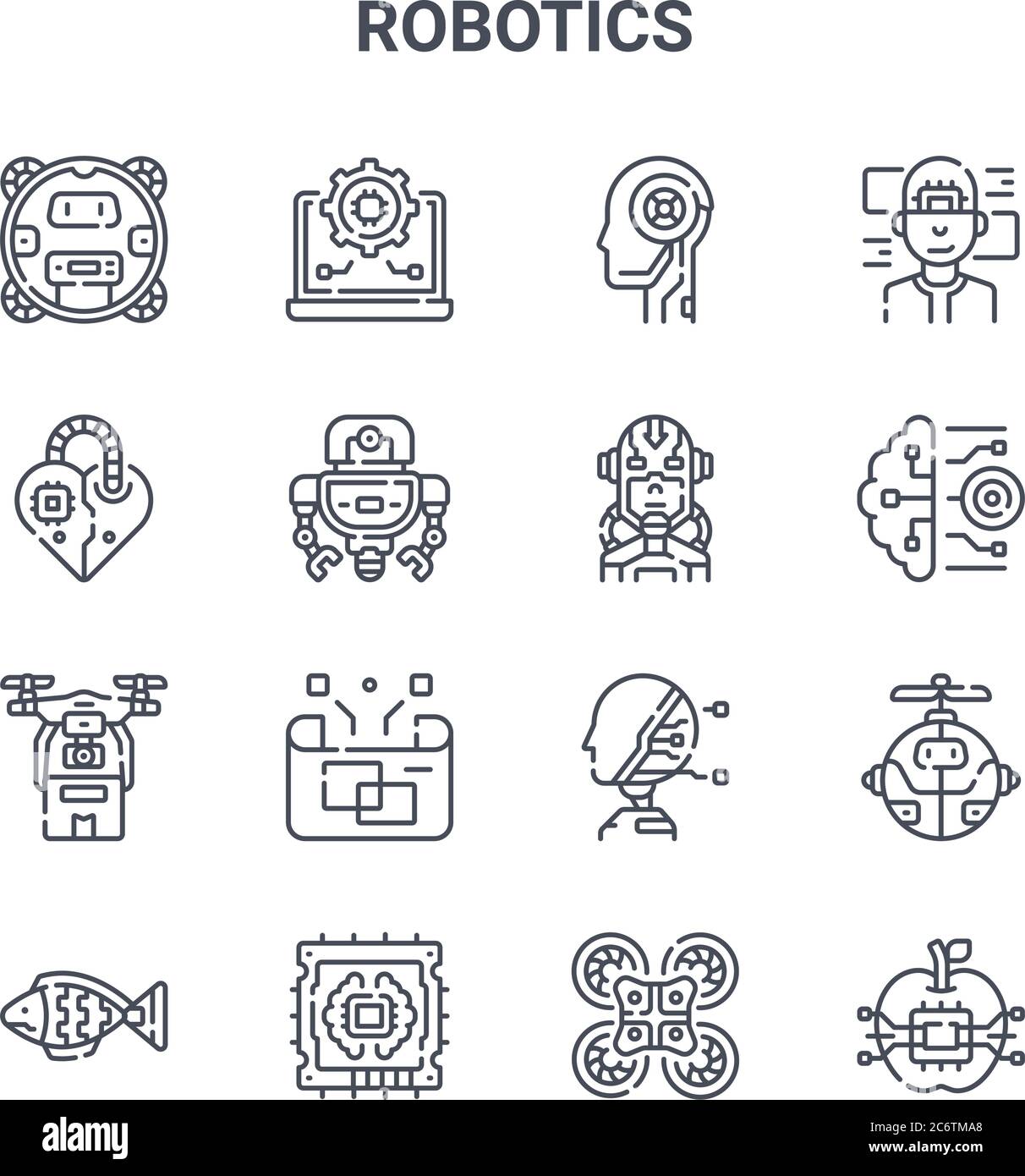 set di 16 icone di linee vettoriali di concetto robotico. 64x64 icone di tratti sottili come impostazioni, cuore, cervello, intelligenza artificiale, cpu, intelligenza artificiale Illustrazione Vettoriale