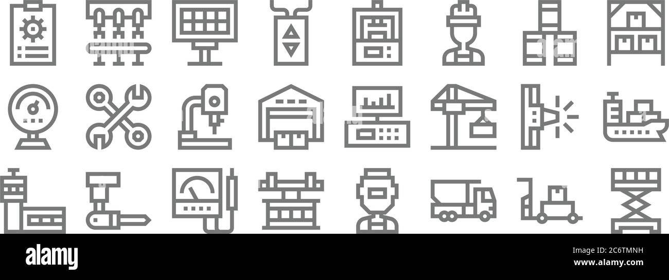 icone di linee di processo industriali. set lineare. set di linee vettoriali di qualità come elevatore a forbice, camion, gru, torre di controllo, sirena, trapano, stock, pressa macchinari Illustrazione Vettoriale