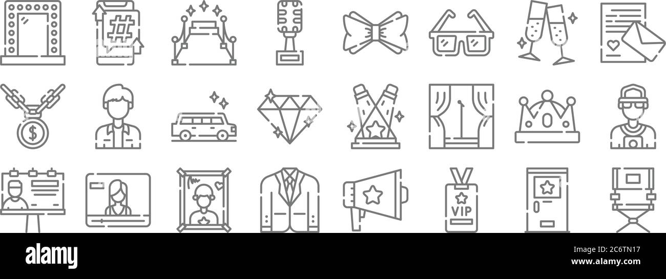 icone linea fame. set lineare. set di linee vettoriali di qualità come sedia director, carta vip, tuta, cartellone, corona, limousine, lettera d'amore, cravatta d'arco, smartp Illustrazione Vettoriale