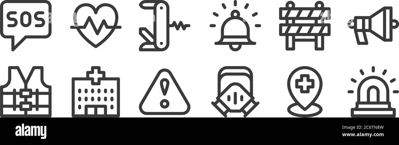 12 insieme di icone di emergenza lineari. icone con contorni sottili come sirena, maschera a gas, ospedale, barriera, coltello svizzero dell'esercito, pulse per il web, cellulare Illustrazione Vettoriale