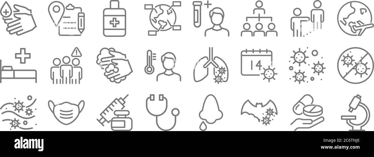 icone della linea virale. set lineare. set di linee vettoriali di qualità come ricerca, bat, medico, coronavirus, coronavirus, lavaggio a mano, viaggio, analisi del sangue, documento Illustrazione Vettoriale