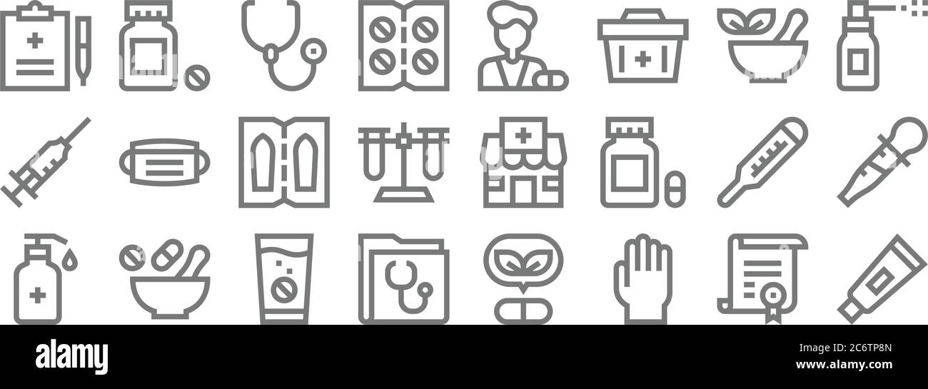 icone delle linee di farmacia. set lineare. set di linee vettoriali di qualità quali unguento, guanti in gomma, cartella medica, igienizzatore per le mani, termometro, supposta, sp Illustrazione Vettoriale