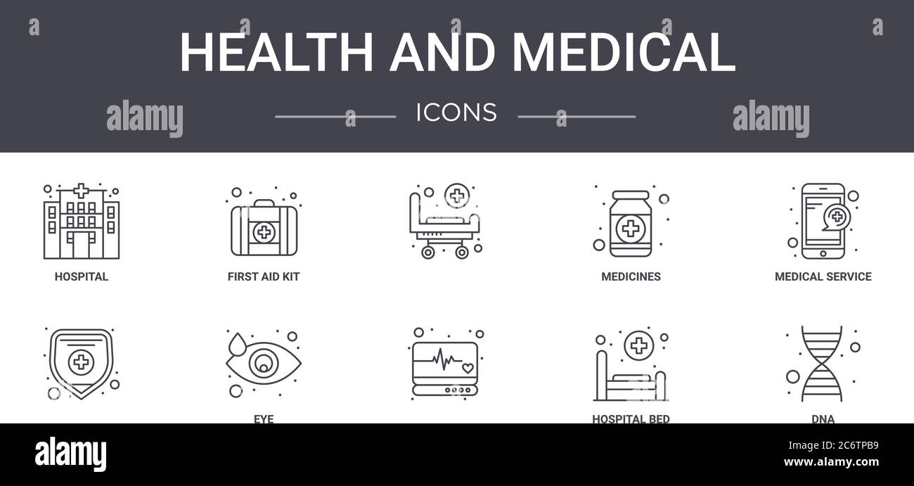 set di icone per la linea di concetto medico e sanitario. contiene icone utilizzabili per il web, logo, ui/ux come kit di pronto soccorso, farmaci, letto ospedaliero, dna, medico Illustrazione Vettoriale
