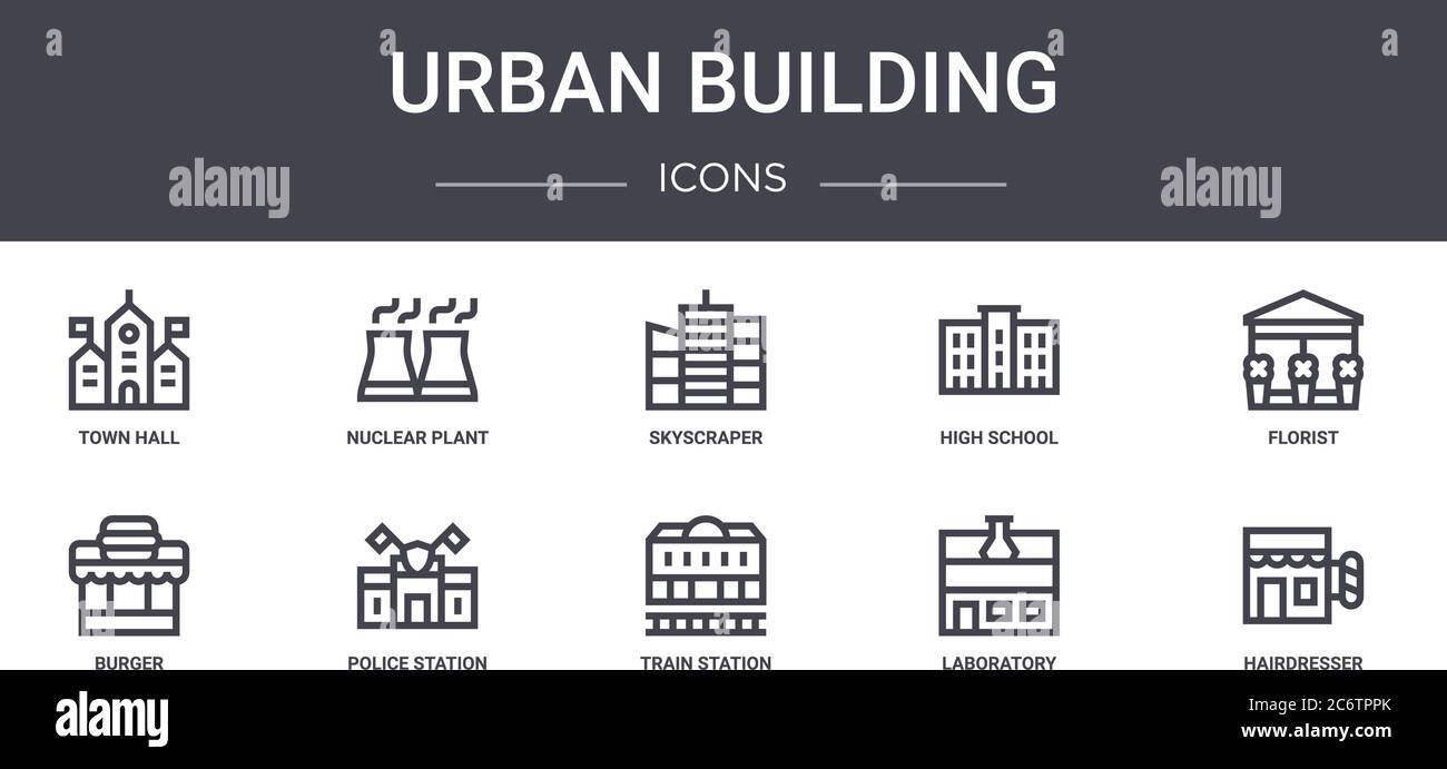 set di icone della linea di concetto dell'edificio urbano. contiene icone utilizzabili per il web, il logo, l'interfaccia utente/utente, come impianti nucleari, scuole superiori, hamburger, stazione ferroviaria, laboratorio Illustrazione Vettoriale