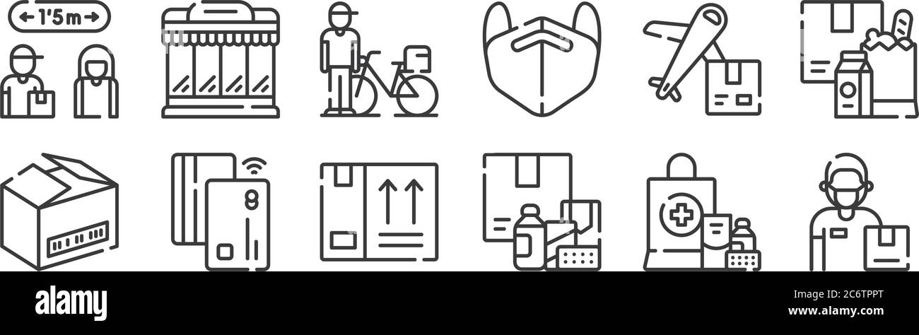 12 insieme di icone di distribuzione lineare. icone di contorno sottile come uomo di consegna, medicina, metodo di pagamento, aereo, pilota, supermercato per il web, mobile Illustrazione Vettoriale